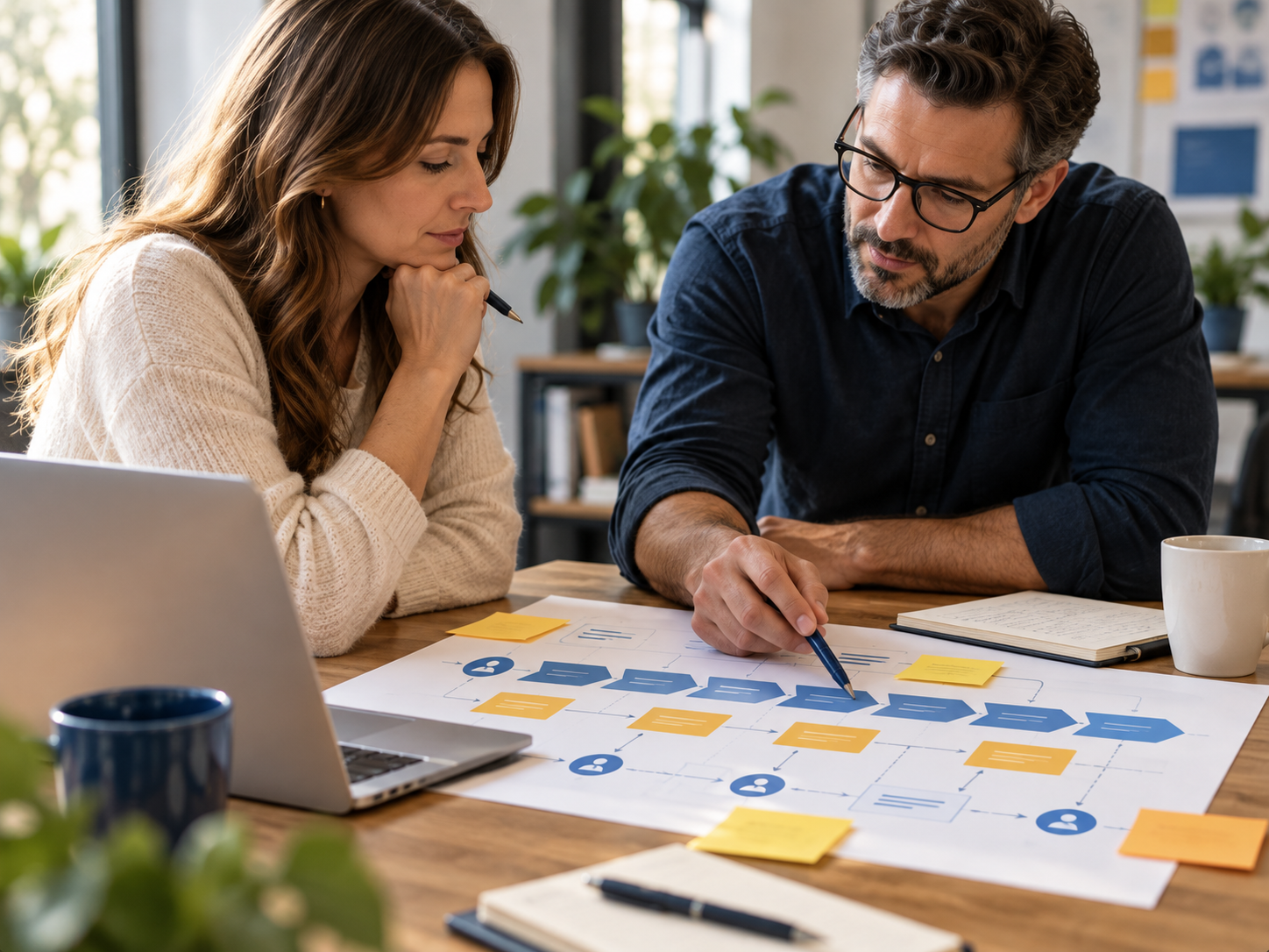 Two operators reviewing a sales process map