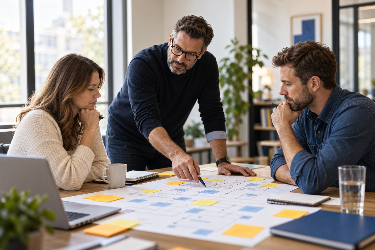A service-business team reviewing a process map together